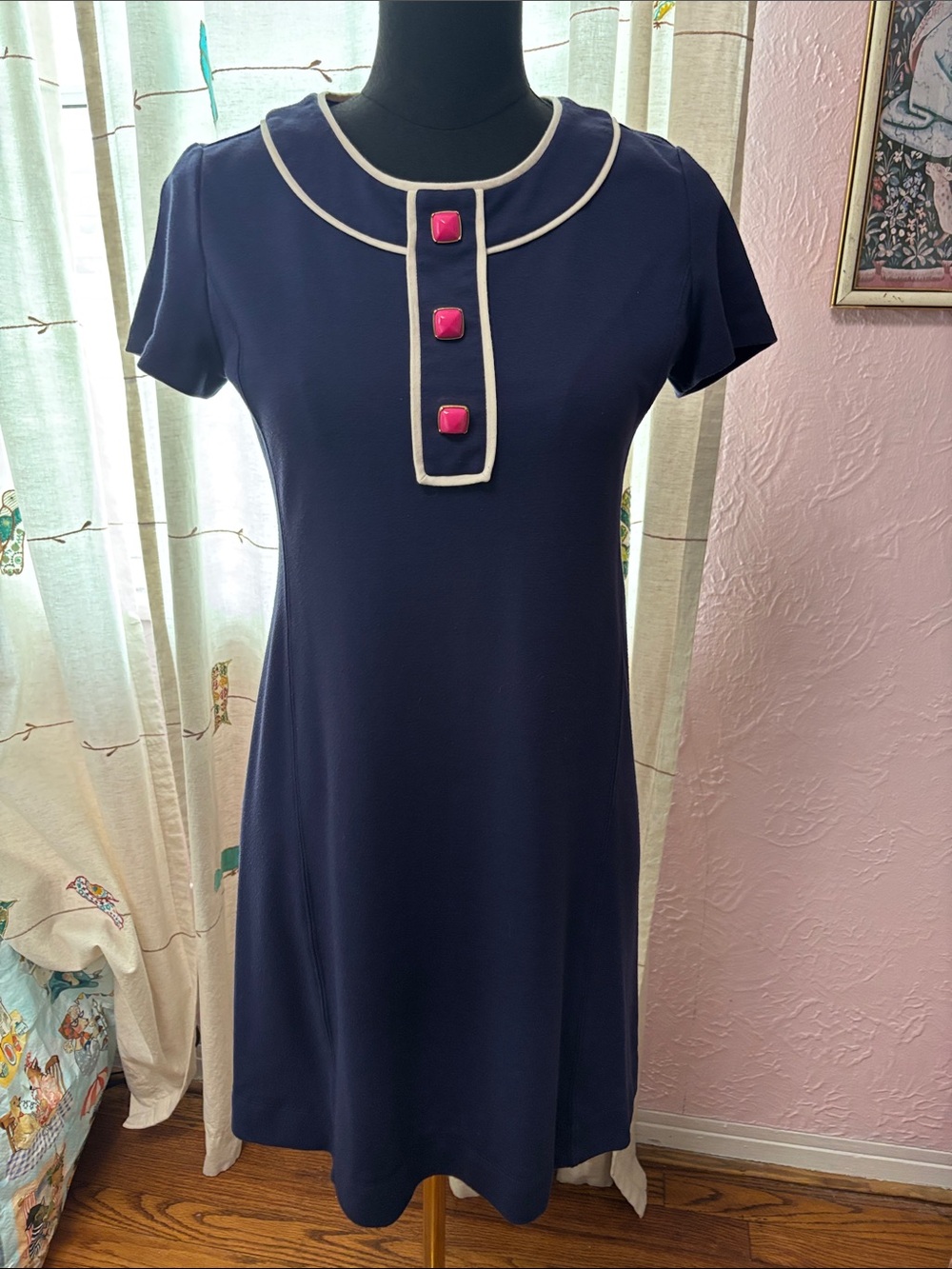 Lilly Pulitzer Navy Mini Dress with White Trim and Pink Buttons